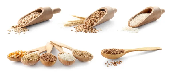 Set Con Diferentes Granos Cereal Sobre Fondo Blanco — Foto de Stock