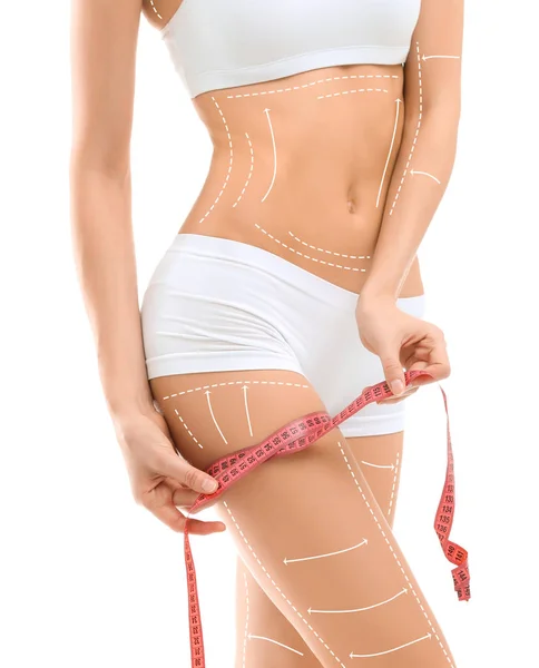 Young Woman Marks Liposuction Operation Measuring Tape White Background Cosmetic — Stock Photo, Image