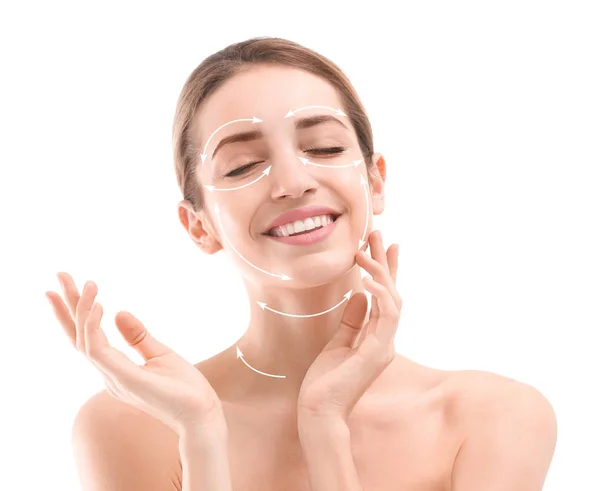 Young Woman Face Lifting Marks White Background Cosmetic Surgery — Stock Photo, Image