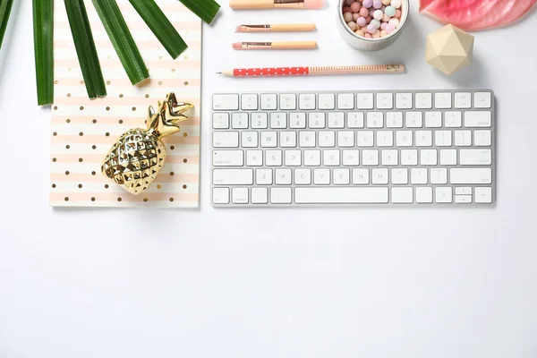 Creative Flat Lay Composition Tropical Flower Stationery Computer Keyboard White — Stock Photo, Image