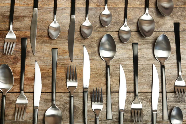 Forks Knives Spoons Wooden Table Top View — Stock Photo, Image