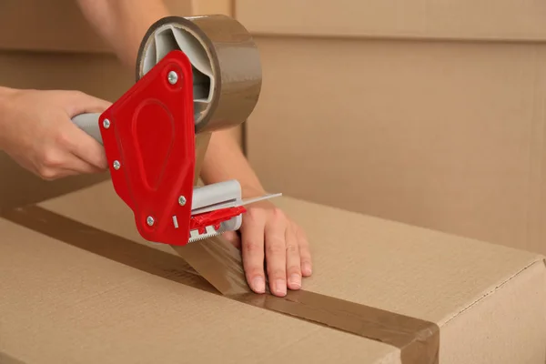 Woman Packing Carton Box Indoors Closeup Moving Day — Stock Photo, Image