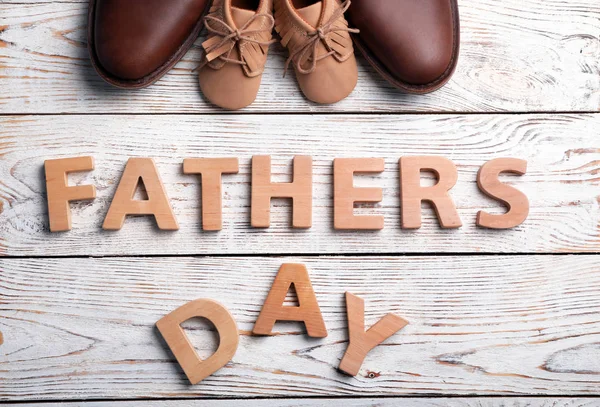 Flat Lay Composition Shoes Paper Moustaches Wooden Background Father Day — Stock Photo, Image