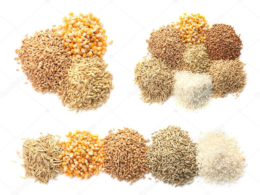 Set with different cereal grains on white background, top view