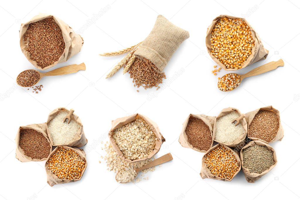 Set with different cereal grains on white background, top view