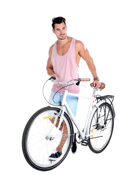 Knappe Jonge Hipster Man Met Fiets Witte Achtergrond — Stockfoto