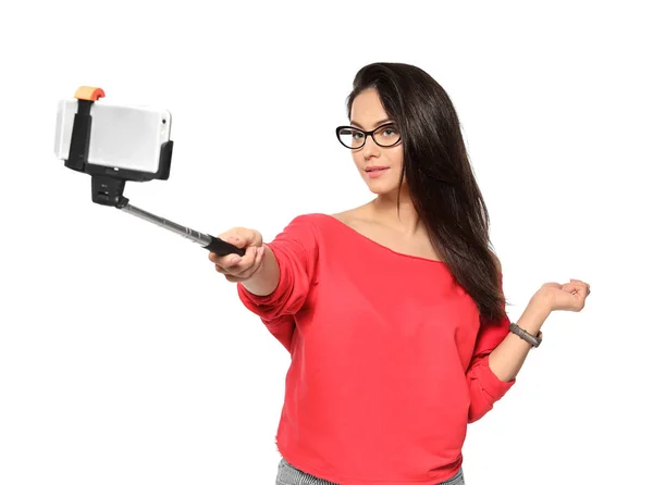 Attraktive Junge Frauen Machen Selfie Auf Weißem Hintergrund — Stockfoto