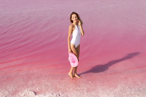 Beautiful Woman Swimsuit Posing Pink Lake Sunny Day — Stock Photo, Image