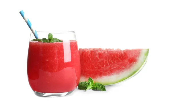 Tasty Summer Watermelon Drink Glass Slice Fresh Fruit White Background — Stock Photo, Image