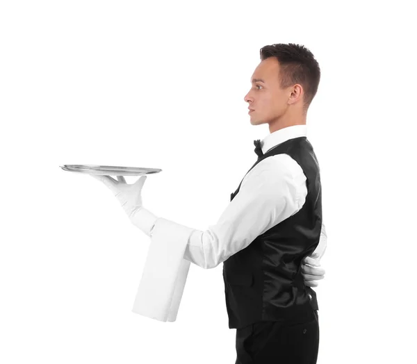 Waiter Holding Metal Tray White Background — Stock Photo, Image