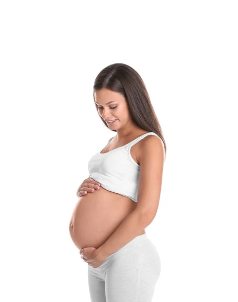 Mujer Embarazada Feliz Pie Cerca Ventana Casa —  Fotos de Stock