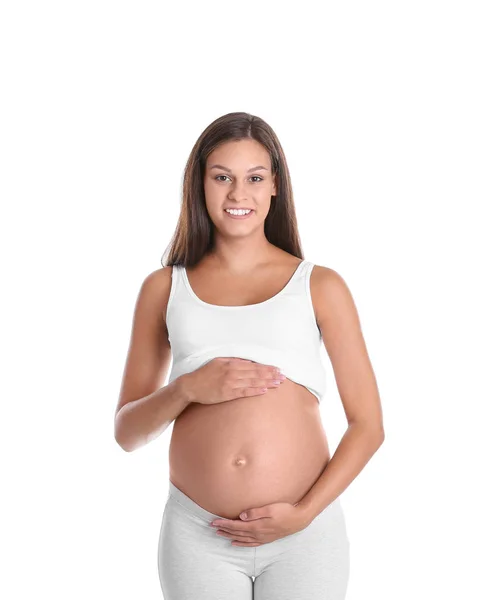 Ευτυχισμένος Έγκυος Γυναίκα Που Ποζάρει Στο Λευκό Φόντο — Φωτογραφία Αρχείου