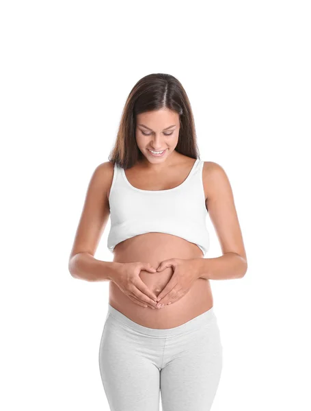 Feliz Mulher Grávida Posando Fundo Branco — Fotografia de Stock