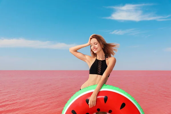 Beautiful Woman Inflatable Ring Posing Pink Lake Sunny Day — Stock Photo, Image