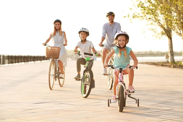 Happy family riding bicycles outdoors on summer day