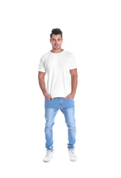 Shirt 的年轻男子在白色背景 设计样机 — 图库照片