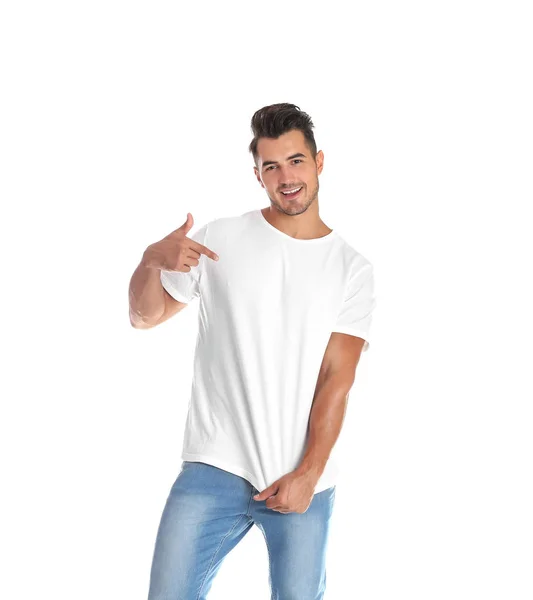 Shirt 的年轻男子在白色背景 设计样机 — 图库照片
