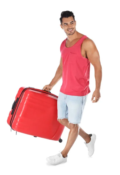 Joven Caminando Con Maleta Sobre Fondo Blanco — Foto de Stock