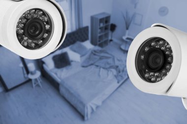 Görünümünün üzerinde Cctv kameraları gözetim altında yatak odası