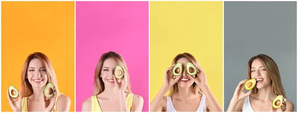 Set Con Hermosa Mujer Joven Cortar Aguacates Sobre Fondo Color — Foto de Stock