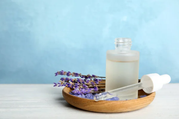 Bottle Aromatic Lavender Oil Wooden Table Space Text — Stock Photo, Image