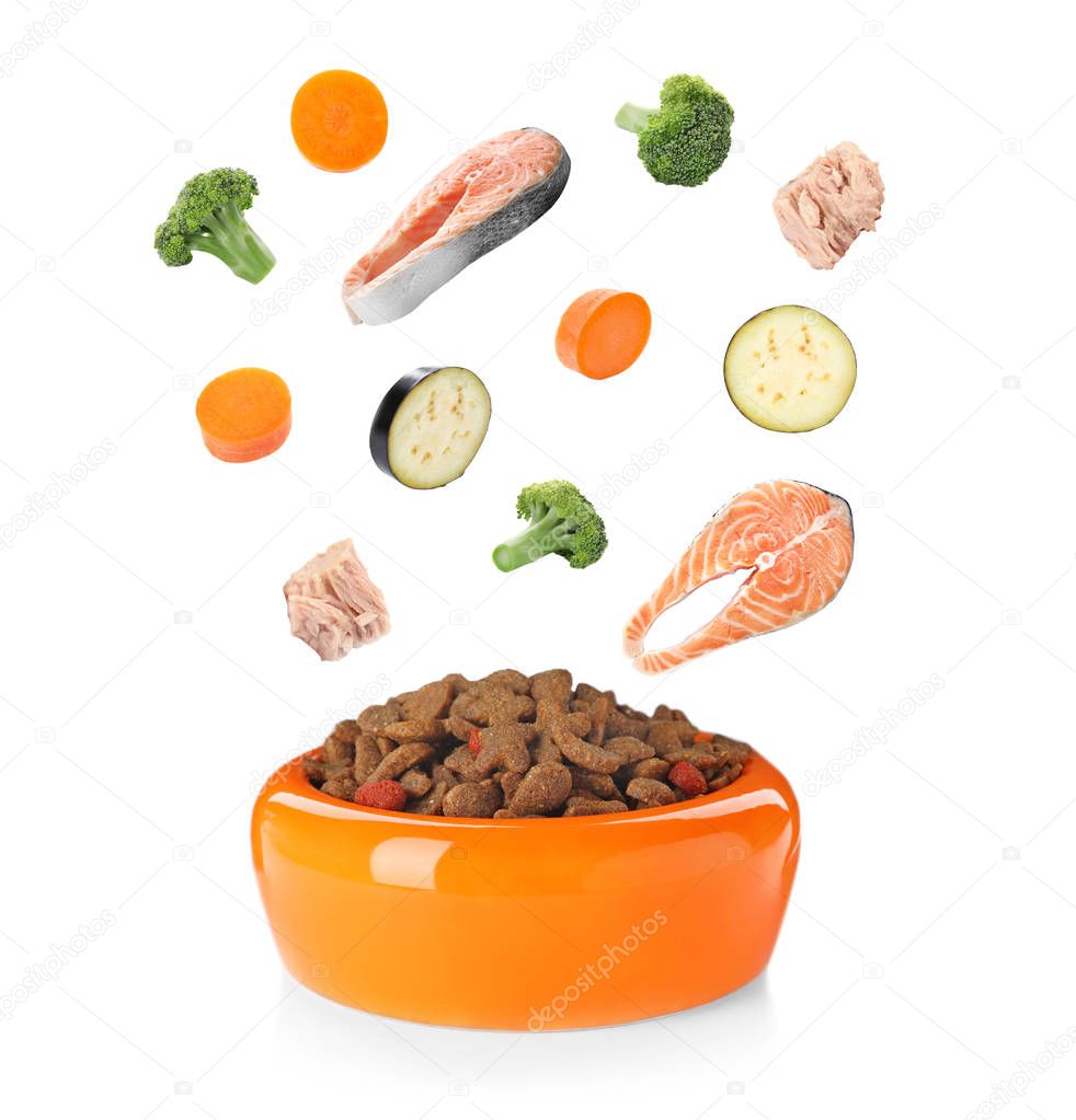 Fresh ingredients falling into bowl with dry pet food for cats and dogs on white background