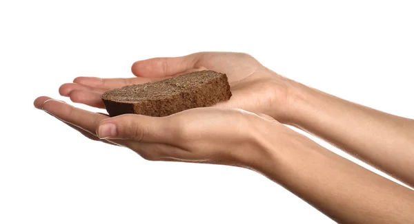 Poor Woman Holding Piece Bread White Background Closeup — Stock Photo, Image