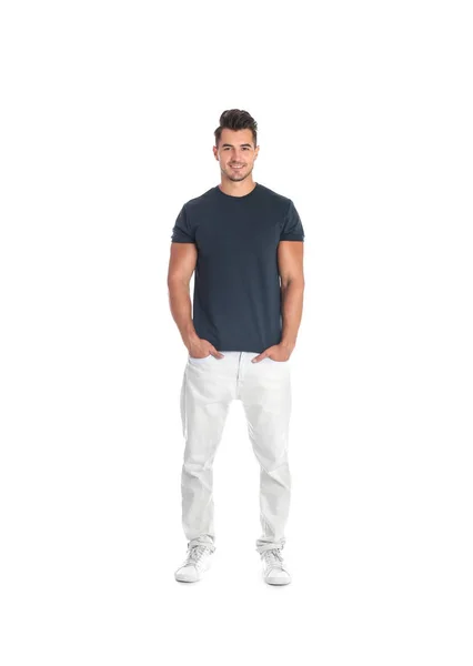 Hombre Joven Camiseta Sobre Fondo Blanco Burla Para Diseño —  Fotos de Stock