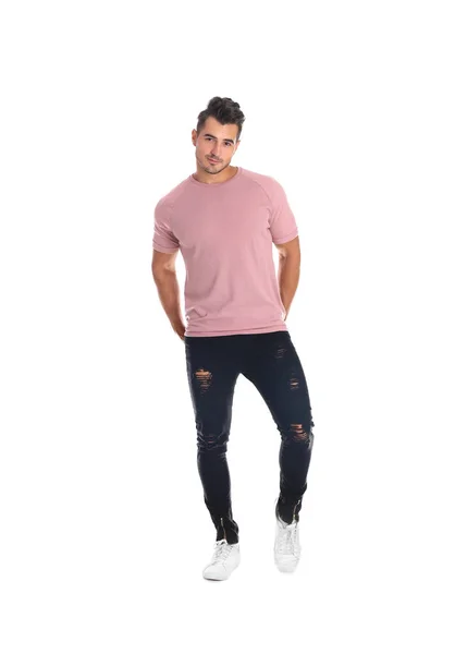 Ung Man Snygga Jeans Vit Bakgrund — Stockfoto