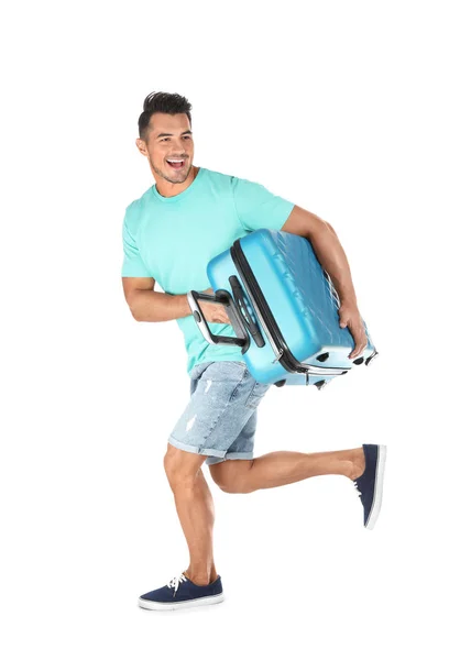 Young Man Running Suitcase White Background — Stock Photo, Image