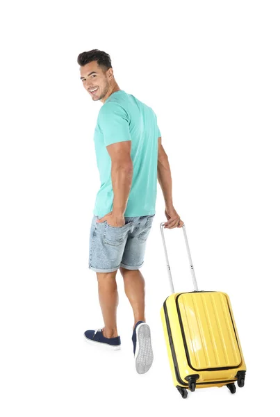 Jeune Homme Marchant Avec Valise Sur Fond Blanc — Photo