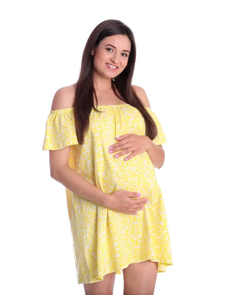 Piękna Ciąży Młoda Kobieta Białym Tle — Zdjęcie stockowe