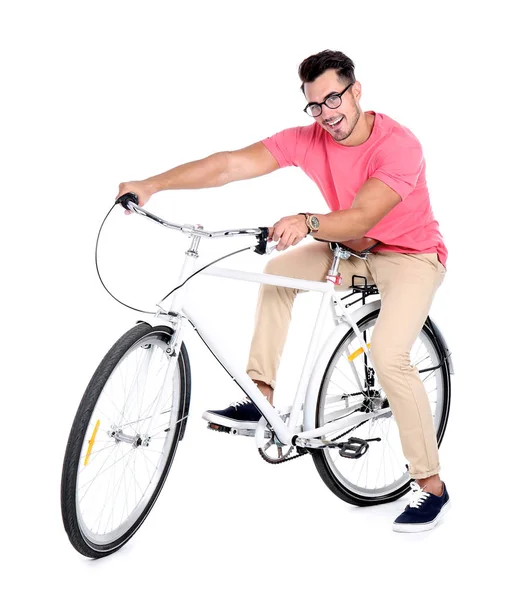 Schöner Junger Hipster Mann Mit Fahrrad Auf Weißem Hintergrund — Stockfoto