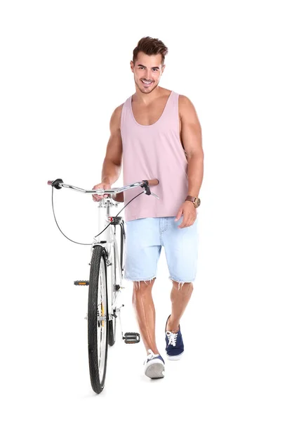 Handsome Young Hipster Man Bicycle White Background — Stock Photo, Image