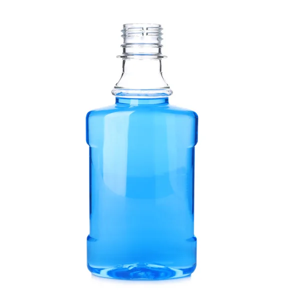 Flaska Med Munvatten För Tänder Vård Vit Bakgrund — Stockfoto