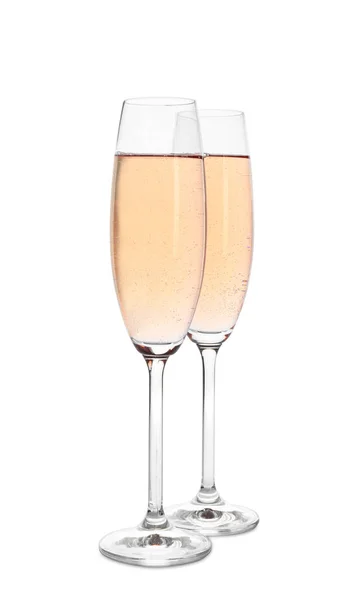 Verres Champagne Rose Mousseux Isolés Sur Blanc — Photo