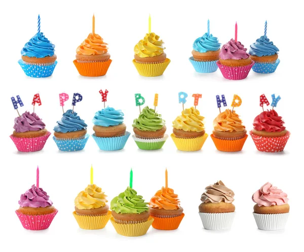 Set Con Cupcake Compleanno Candele Sfondo Bianco — Foto Stock