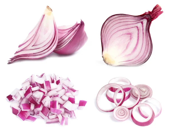 Set Cut Fresh Red Onion White Background — Stock Photo, Image