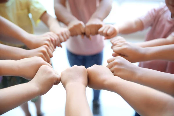 Little Children Putting Hands Together Closeup Unity Concept — Stock Photo, Image