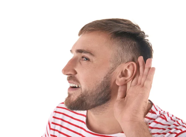 Young Man Color Background Hearing Problem — Stock Photo, Image