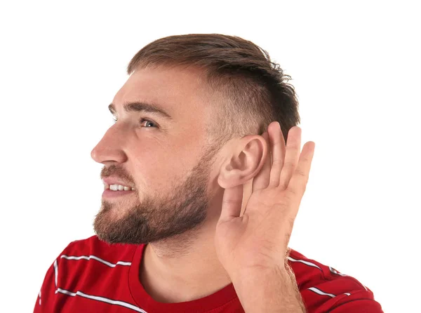 Young Man Color Background Hearing Problem — Stock Photo, Image