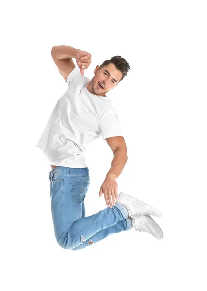 Young Man Stylish Jeans Jumping White Background — Stock Photo, Image