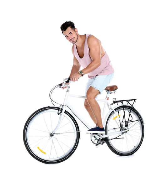 Schöner Junger Hipster Mann Mit Fahrrad Auf Gelbem Hintergrund — Stockfoto