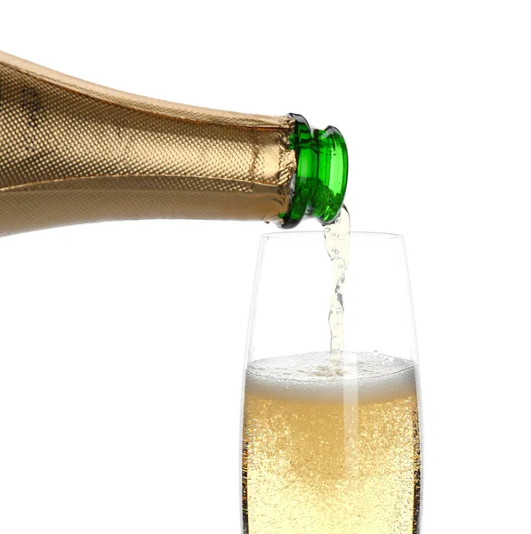 Pouring Champagne Bottle Glass White Background Festive Drink — Stock Photo, Image