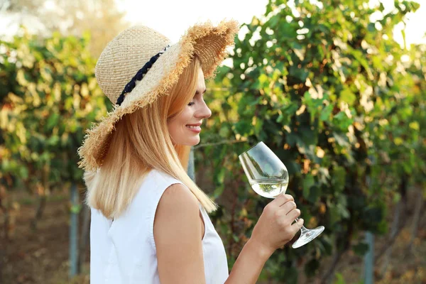 Молодая Красивая Женщина Наслаждается Вином Винограднике — стоковое фото