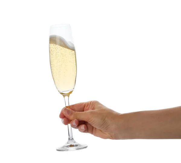 Donna Che Tiene Bicchiere Champagne Sfondo Bianco — Foto Stock