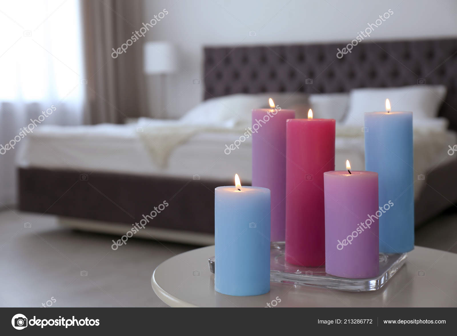 Burning Candles Table Light Bedroom Stock Photo