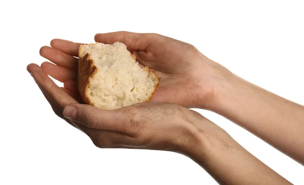 Arme Vrouw Houdt Stuk Brood Witte Achtergrond Close — Stockfoto