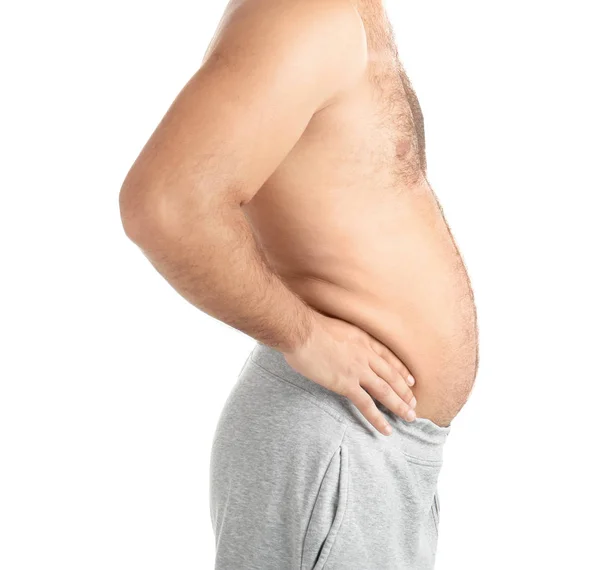 Obézní Muž Bílém Pozadí Detailní Zobrazení — Stock fotografie