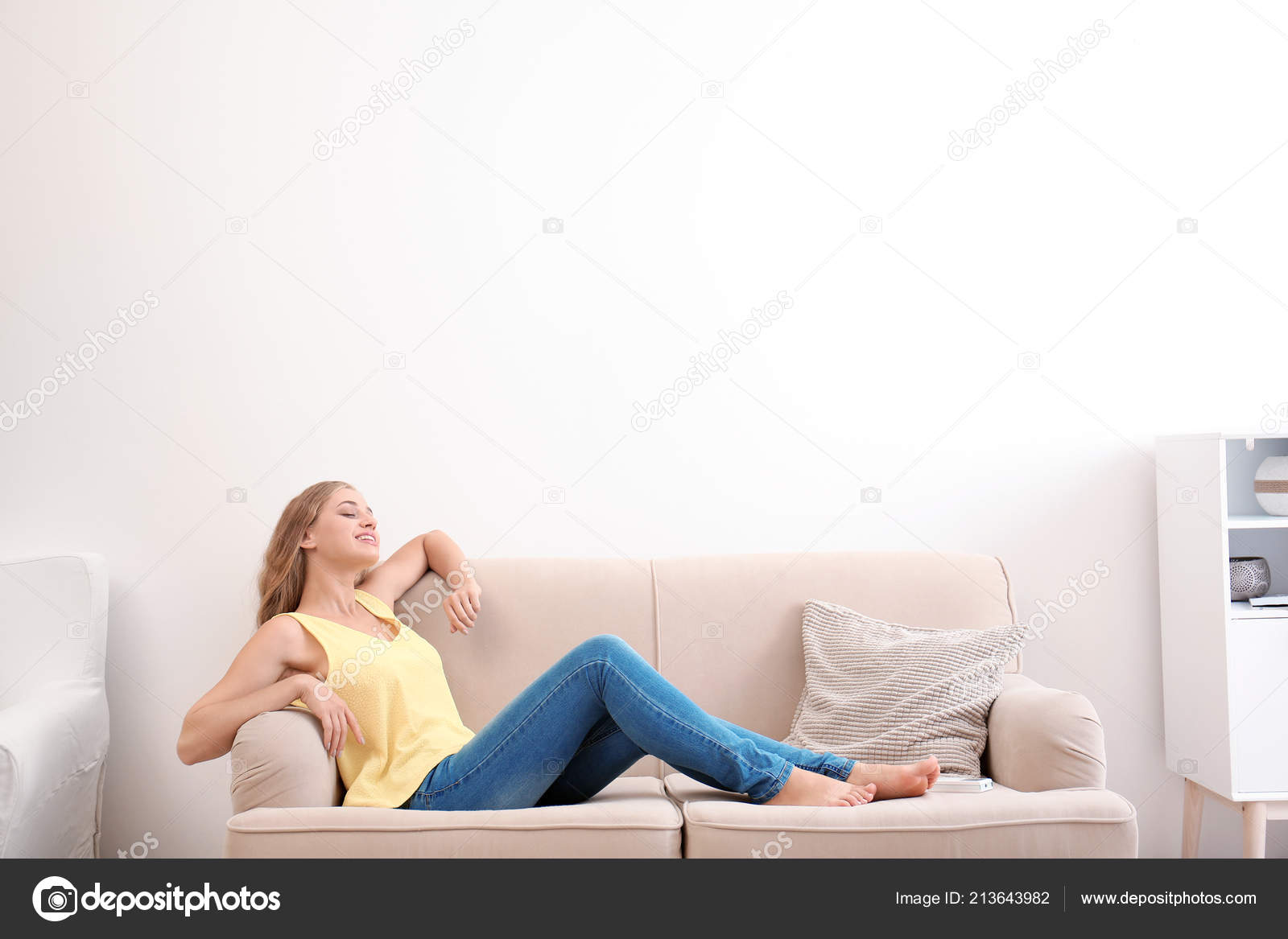 Young Woman Suffering Heat Color Background Air Conditioner